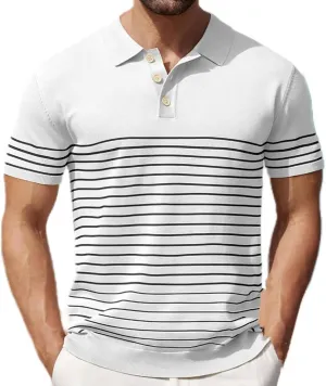 Men's Short Sleeve Striped Shirt Knit Soft Touch Pullover Slim Fit V Neck Casual Button Down Tshirt Shirt, Large