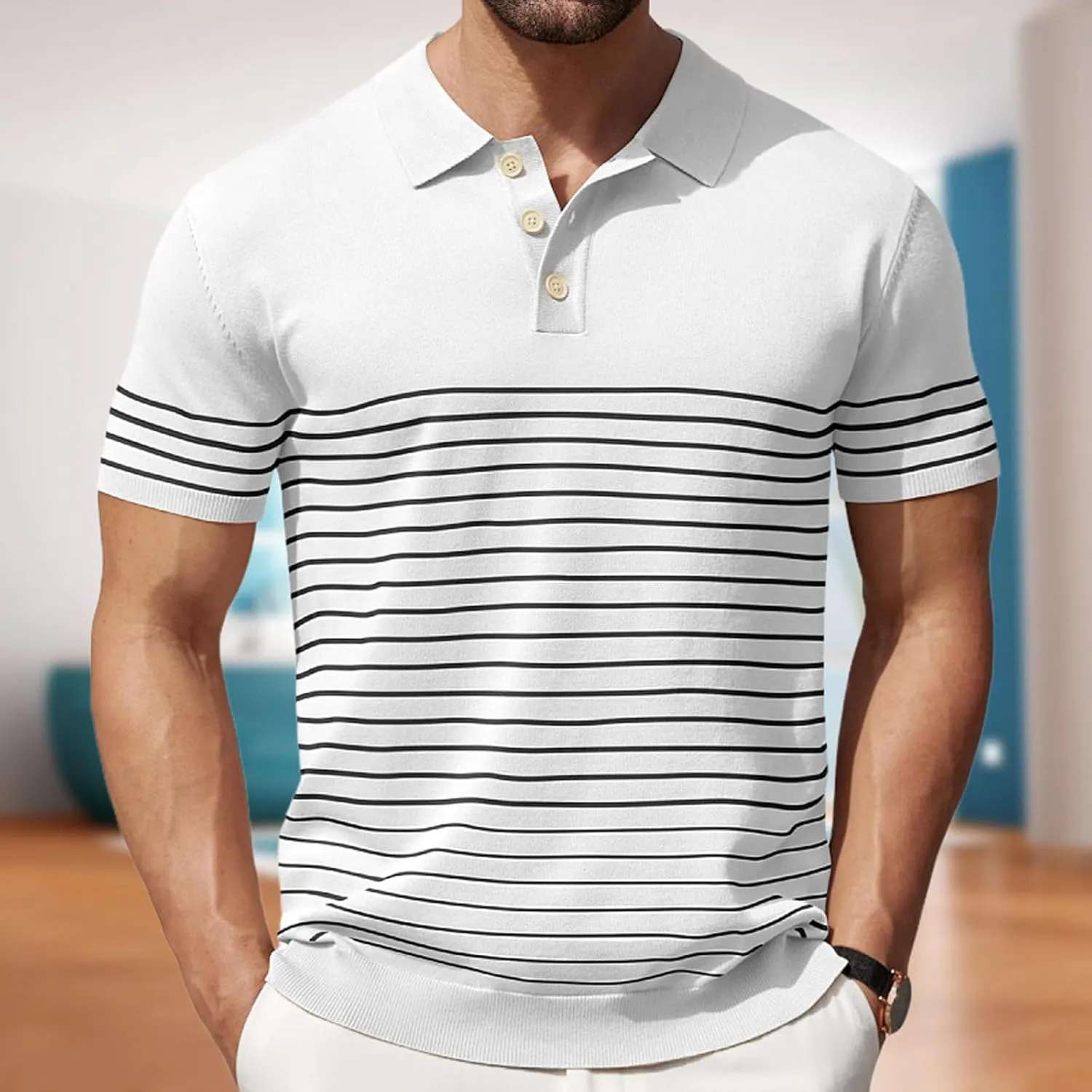 Men's Short Sleeve Striped Shirt Knit Soft Touch Pullover Slim Fit V Neck Casual Button Down Tshirt Shirt, Large