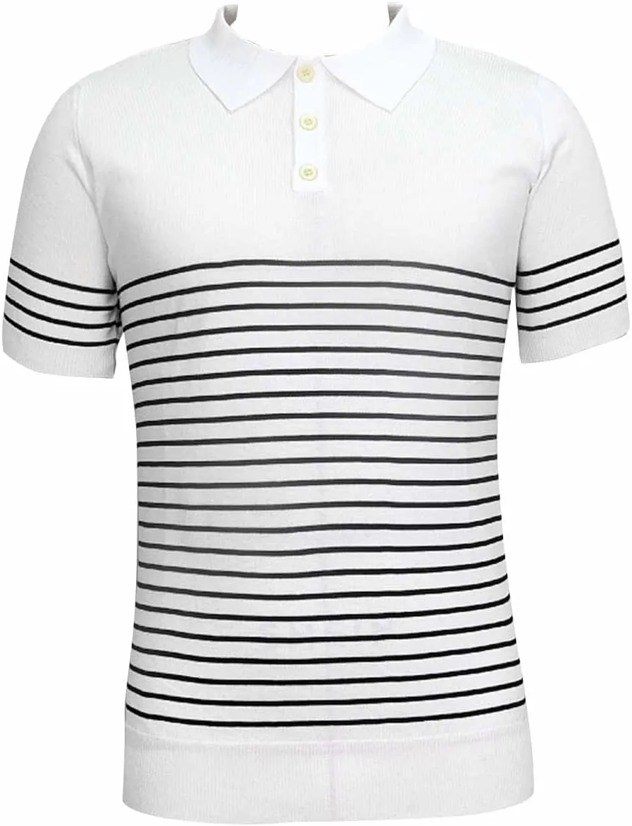 Men's Short Sleeve Striped Shirt Knit Soft Touch Pullover Slim Fit V Neck Casual Button Down Tshirt Shirt, Large