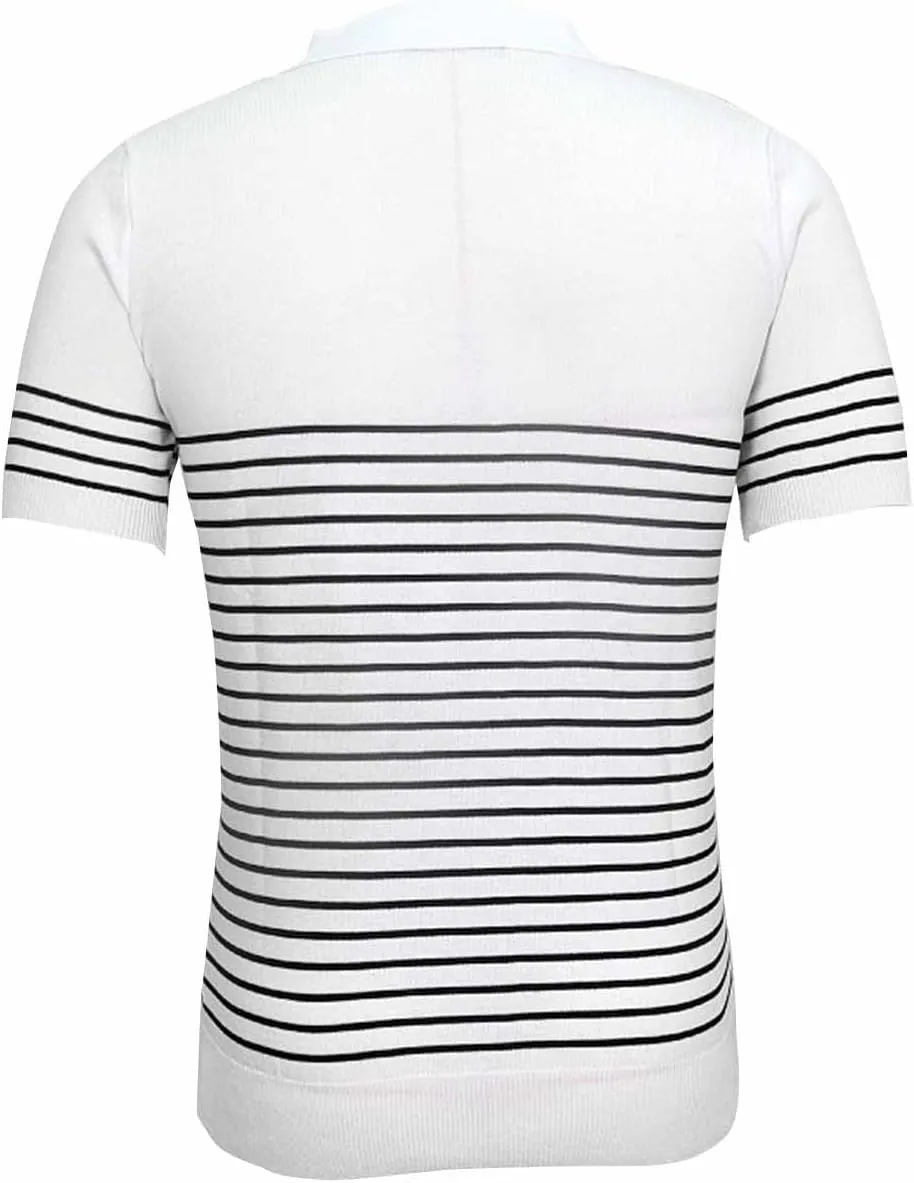Men's Short Sleeve Striped Shirt Knit Soft Touch Pullover Slim Fit V Neck Casual Button Down Tshirt Shirt, Large
