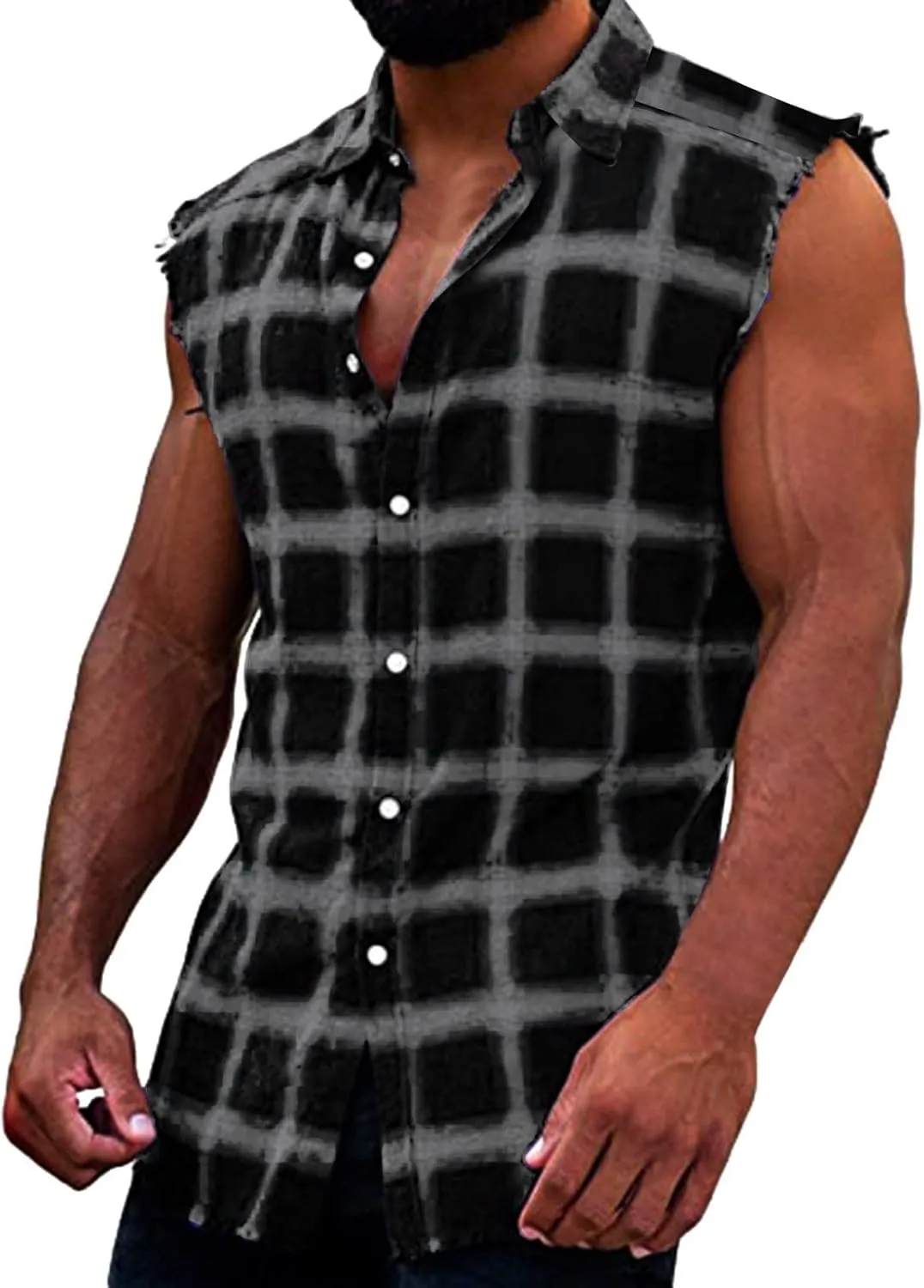 Mens Sleeveless Plaid Shirts Plus Size Casual Button Down Muscle Cut Off Tees Vintage Western Cowboy Vest Tank Tops