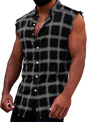 Mens Sleeveless Plaid Shirts Plus Size Casual Button Down Muscle Cut Off Tees Vintage Western Cowboy Vest Tank Tops