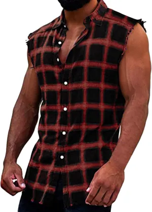 Mens Sleeveless Plaid Shirts Plus Size Casual Button Down Muscle Cut Off Tees Vintage Western Cowboy Vest Tank Tops