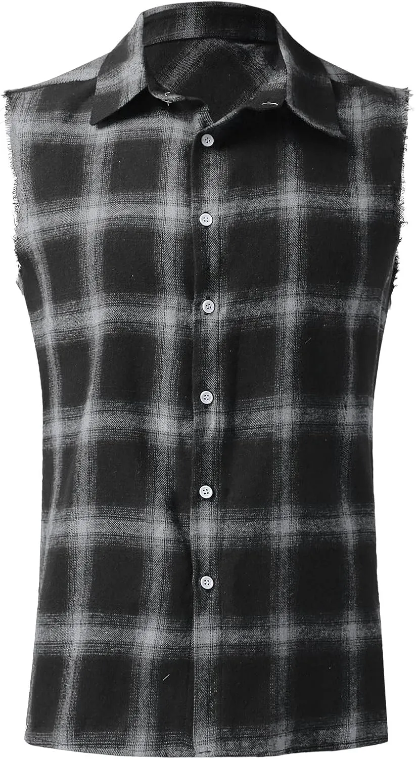 Mens Sleeveless Plaid Shirts Plus Size Casual Button Down Muscle Cut Off Tees Vintage Western Cowboy Vest Tank Tops