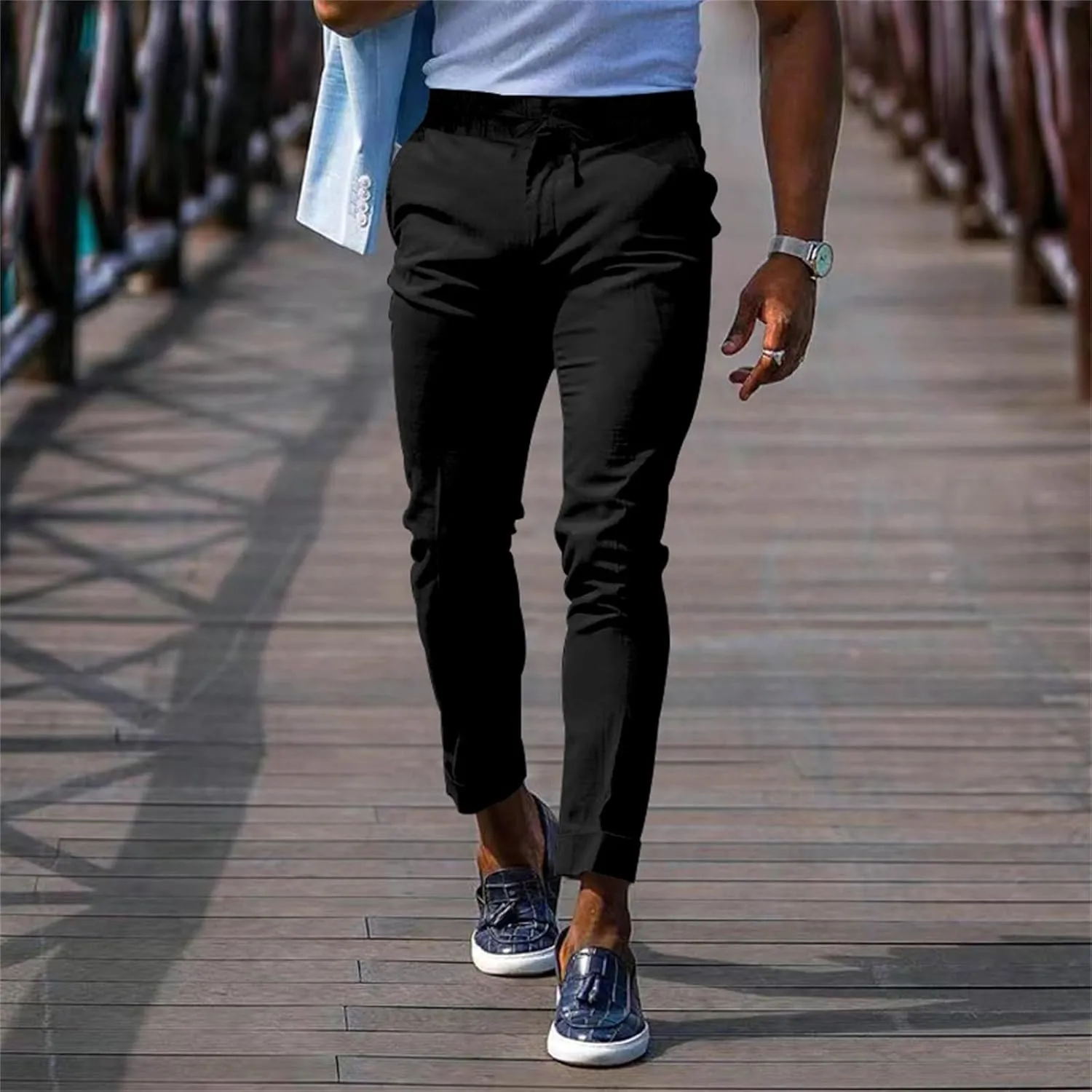 Mens Slim Fit Leisure Pants Mid Waist Soldi Color Straight Fall Fashion Hipster Trouser Dressy Casual Outdoor Versatile Pants