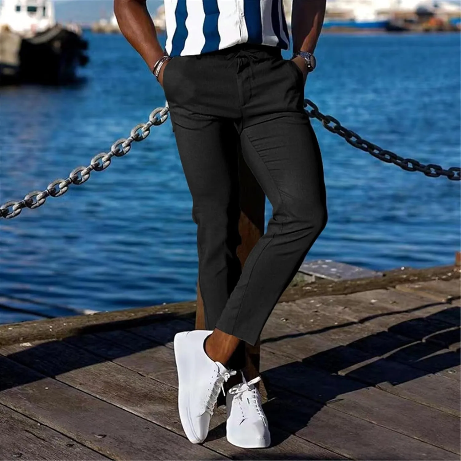 Mens Slim Fit Leisure Pants Mid Waist Soldi Color Straight Fall Fashion Hipster Trouser Dressy Casual Outdoor Versatile Pants