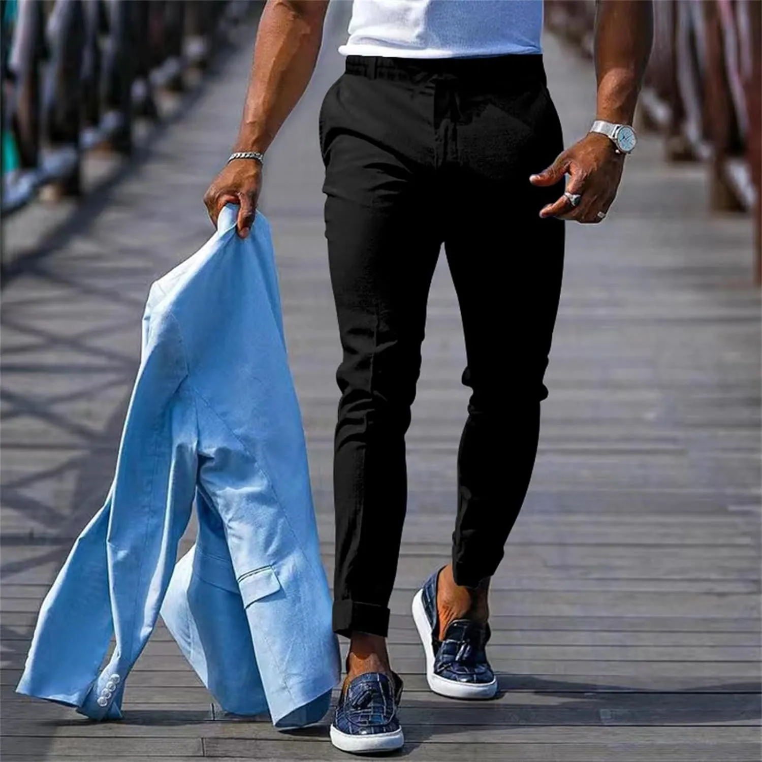 Mens Slim Fit Leisure Pants Mid Waist Soldi Color Straight Fall Fashion Hipster Trouser Dressy Casual Outdoor Versatile Pants