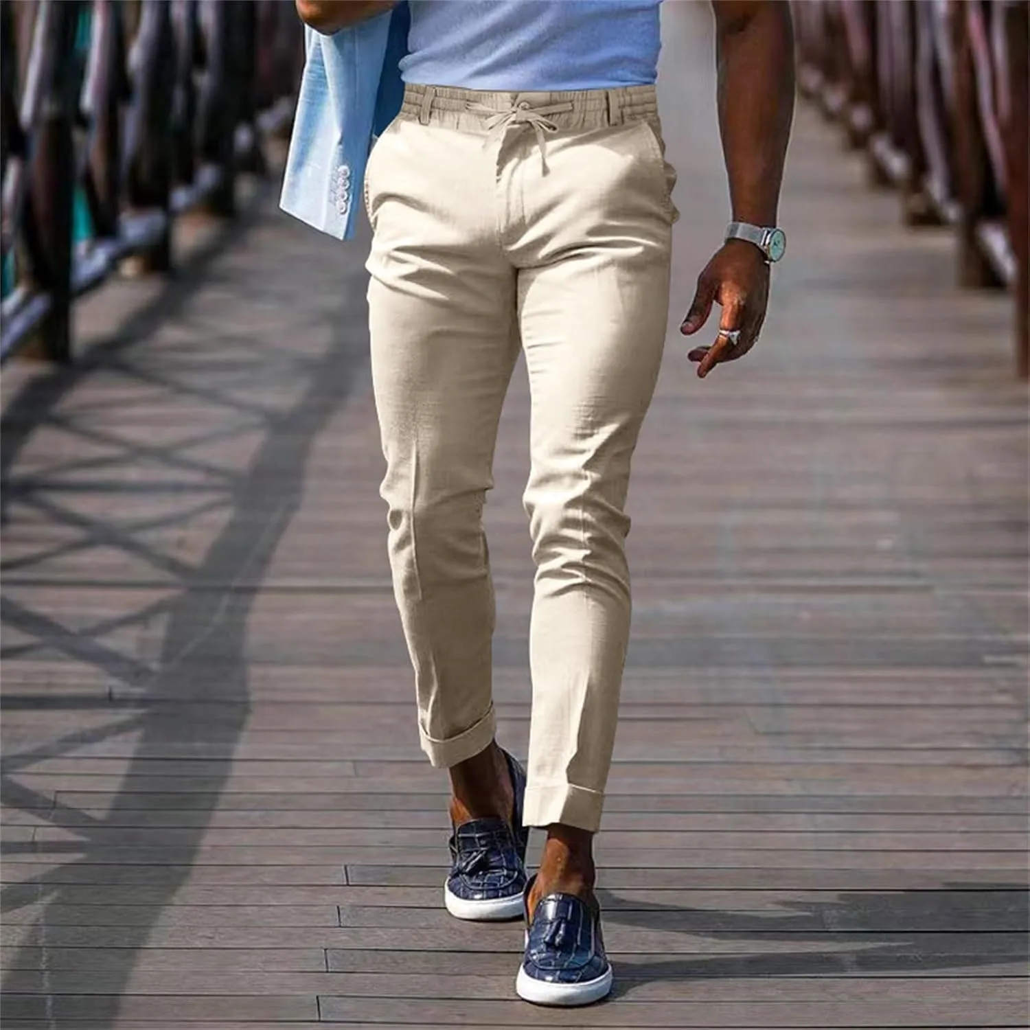 Mens Slim Fit Leisure Pants Mid Waist Soldi Color Straight Fall Fashion Hipster Trouser Dressy Casual Outdoor Versatile Pants