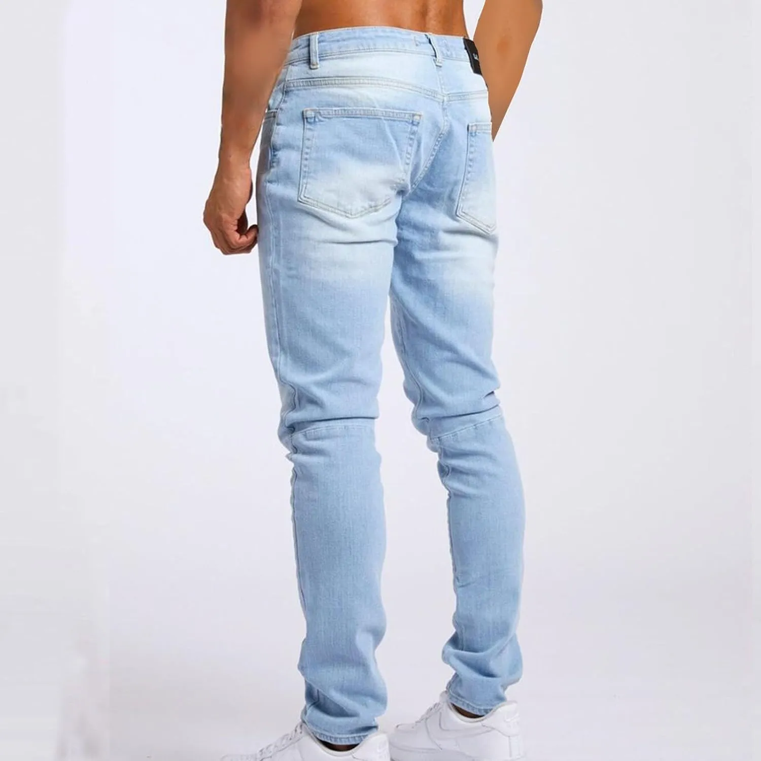 Mens Slim Fit Stretch Skinny Jeans Casual Jogger Pants Ripped Destroyed Stretchy Knee Holes Tapered Leg Denim Sweatpants