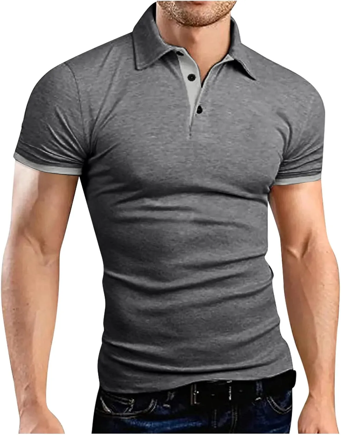Mens Soft Wicking Ribbed Polo Ribbed Collar Solid Color Golf Casual Sports Short Sleeve Fashion Plain