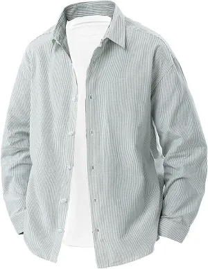Men's Striped Button Down Shirts Lapel Neck Casual Loose Shirt Trendy Long Sleeve Color Block Business Blouse Tops