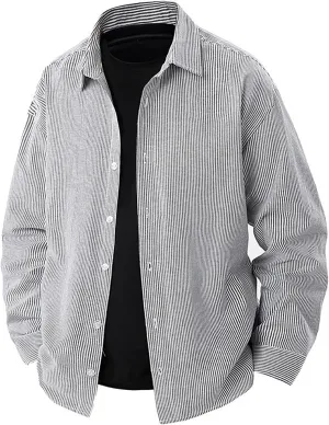 Men's Striped Button Down Shirts Lapel Neck Casual Loose Shirt Trendy Long Sleeve Color Block Business Blouse Tops