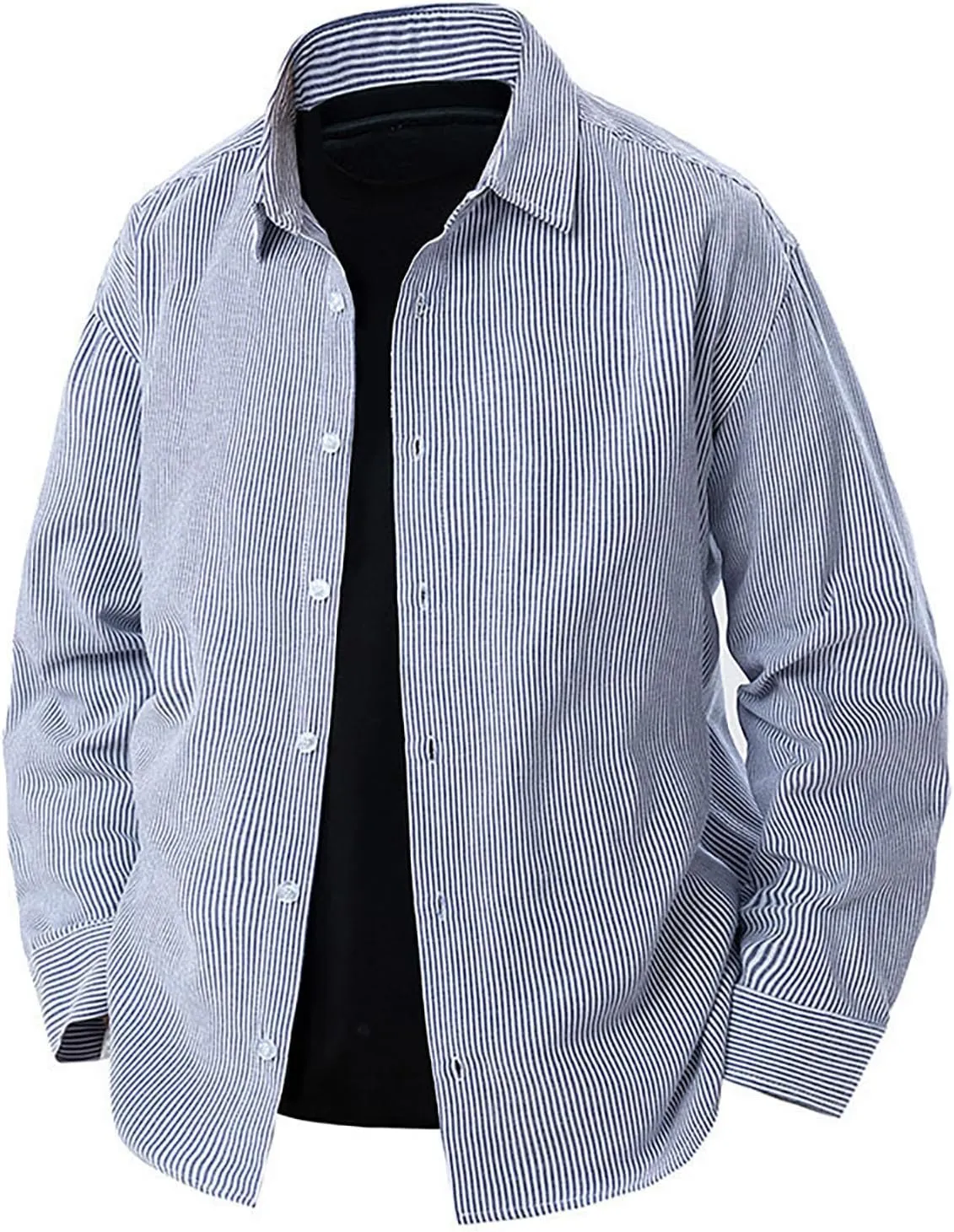 Men's Striped Button Down Shirts Lapel Neck Casual Loose Shirt Trendy Long Sleeve Color Block Business Blouse Tops