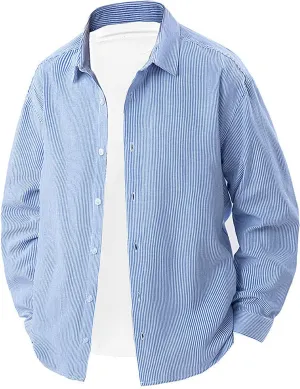 Men's Striped Button Down Shirts Lapel Neck Casual Loose Shirt Trendy Long Sleeve Color Block Business Blouse Tops