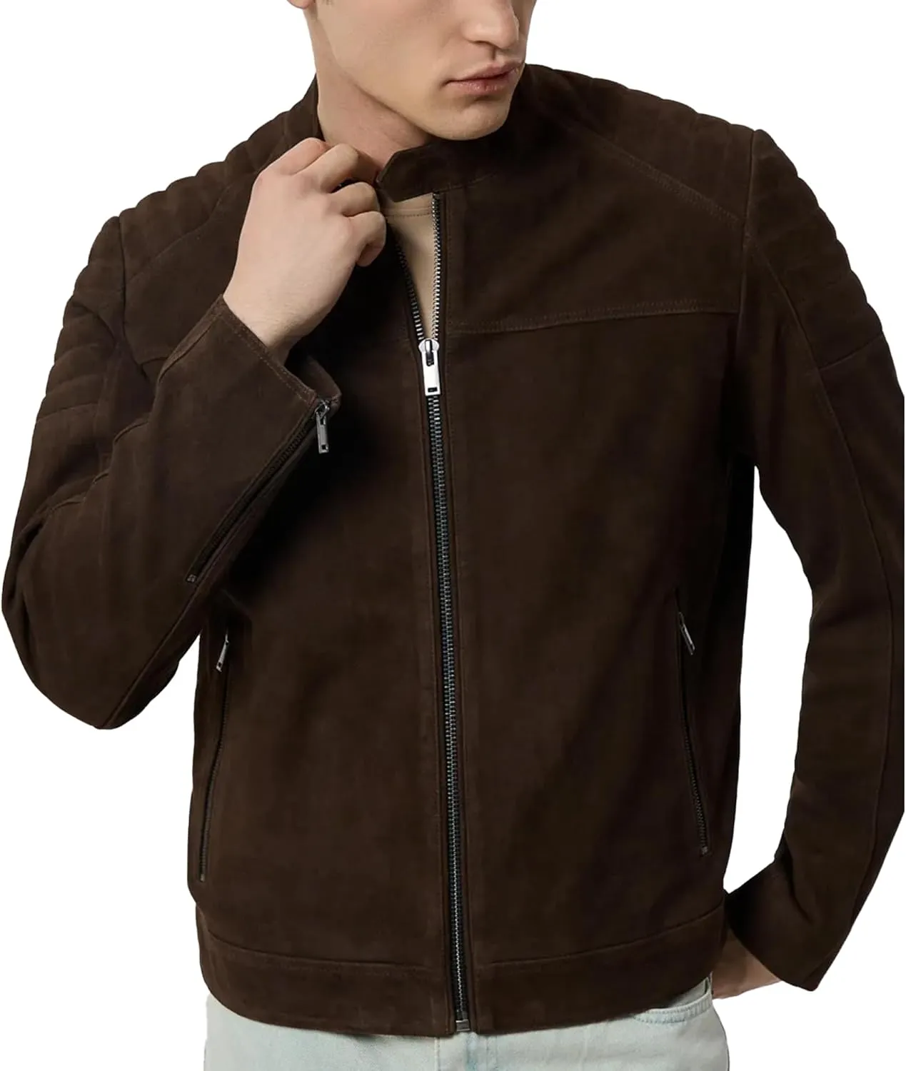 Mens Suede Cafe Racer Jacket - Slim Fit Real Lambskin Suede Leather Motorcycle Jacket Men