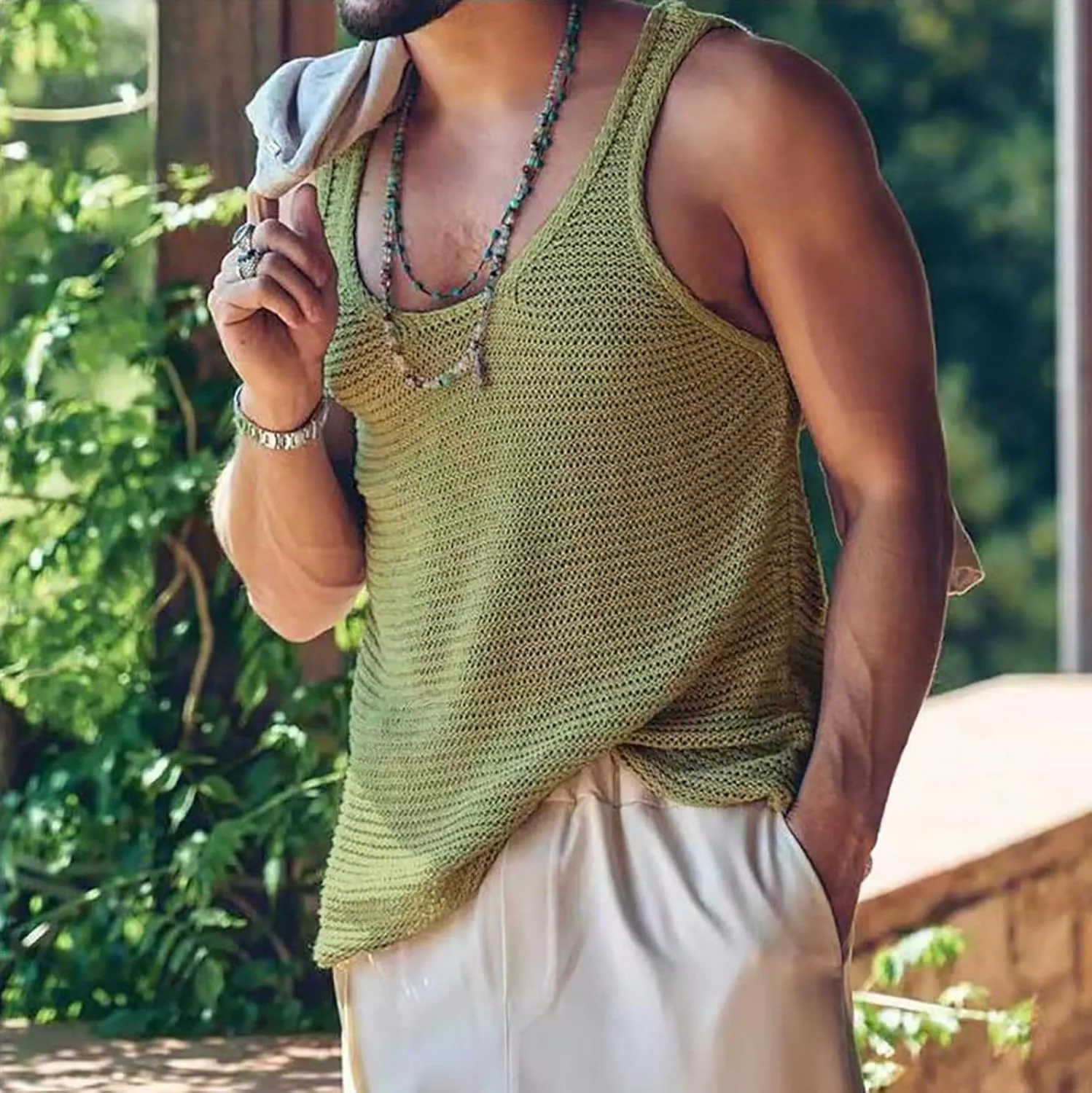 Men's Tank Top Linen Solid Loose Fit Large breathable Quick-Drying Vest Suspender Sports Casual Knitted Large Shirt