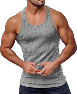 Mens Tank Tops Summer Solid Color Knitted Vertical Stripe Fitness Sports Tank Shirts