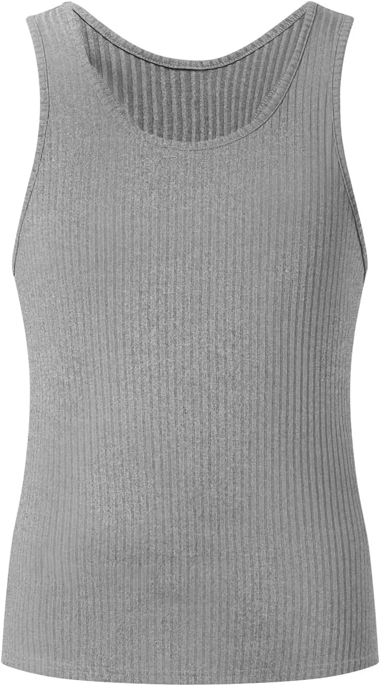 Mens Tank Tops Summer Solid Color Knitted Vertical Stripe Fitness Sports Tank Shirts