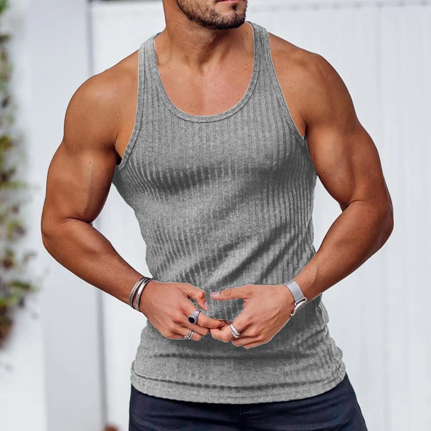 Mens Tank Tops Summer Solid Color Knitted Vertical Stripe Fitness Sports Tank Shirts