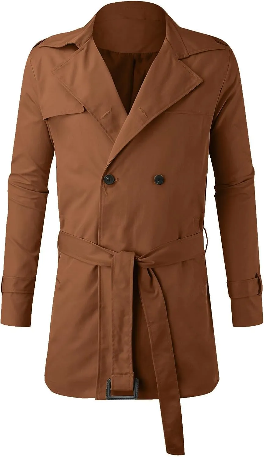 Men's Trench Coat Slim fit Double Breasted Belted Windbreaker Jacket Lapel Long Casual Windproof Overcoat