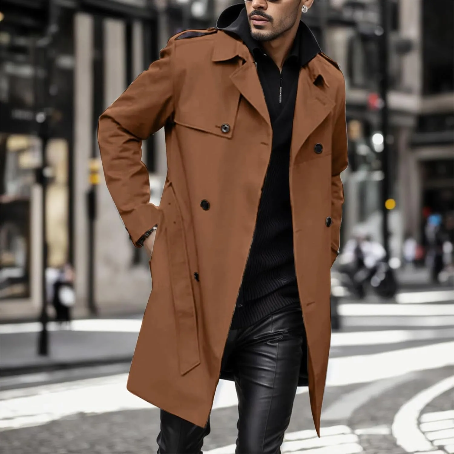 Men's Trench Coat Slim fit Double Breasted Belted Windbreaker Jacket Lapel Long Casual Windproof Overcoat