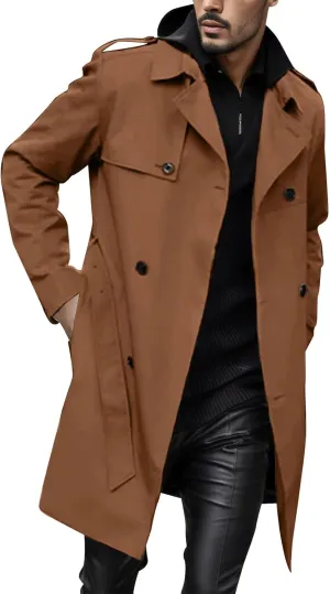 Men's Trench Coat Slim fit Double Breasted Belted Windbreaker Jacket Lapel Long Casual Windproof Overcoat
