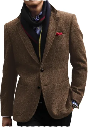 Men's Tweed Blazer Jacket Retro 2 Button Herringbone Casual Sport Coat Prom Jackets