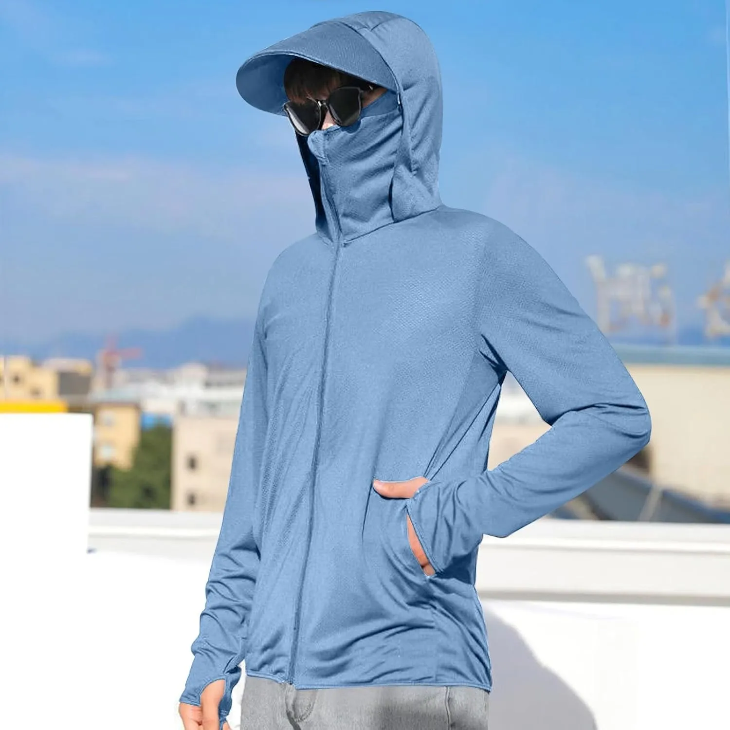 Men's UPF 50  Lightweight Jacket Full Zip Sun Protection Hoodie Long Sleeve Hiking Fishing Sun Shirts with Pockets