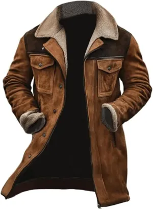 Men's Vintage Suede Jacket Faux Leather Jacket Plush Collar Coats Zip Up Motorcycle Jacket Western Coats Retro Tops