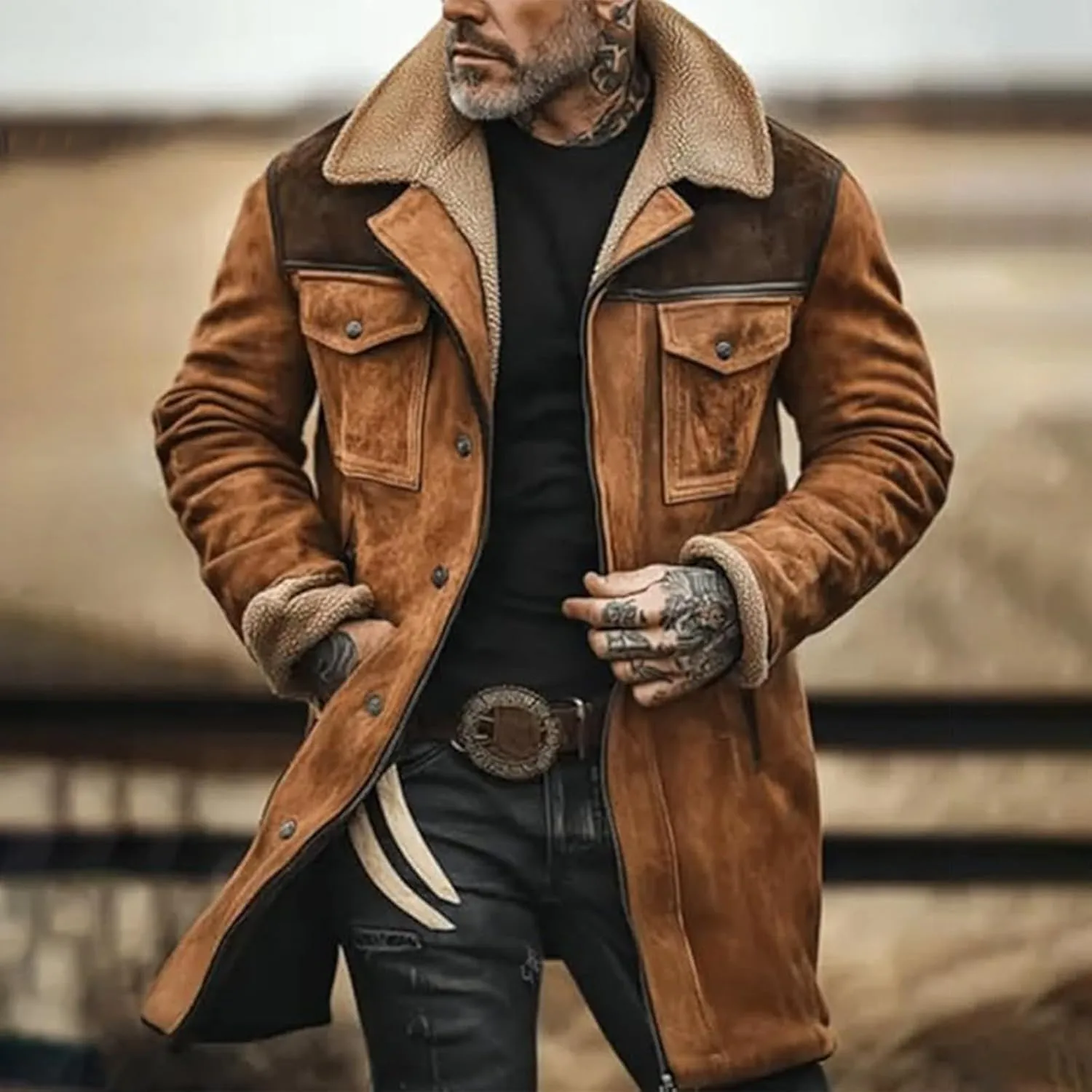 Men's Vintage Suede Jacket Faux Leather Jacket Plush Collar Coats Zip Up Motorcycle Jacket Western Coats Retro Tops