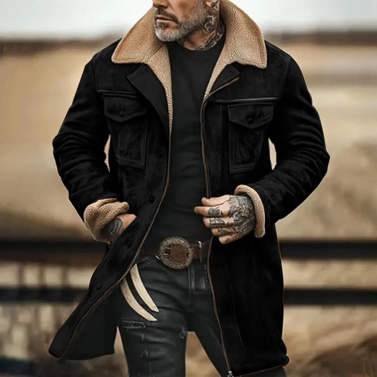 Men's Vintage Suede Jacket Faux Leather Jacket Plush Collar Coats Zip Up Motorcycle Jacket Western Coats Retro Tops