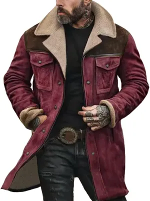 Men's Vintage Suede Jacket Plush Collar Coats Faux Leather Jacket Men Zip Up Motorcycle Jacket Coats Retro Tops