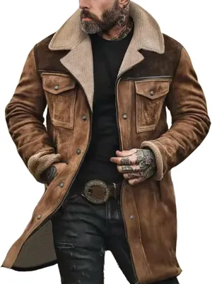Men's Vintage Suede Jacket Plush Collar Coats Faux Leather Jacket Men Zip Up Motorcycle Jacket Coats Retro Tops