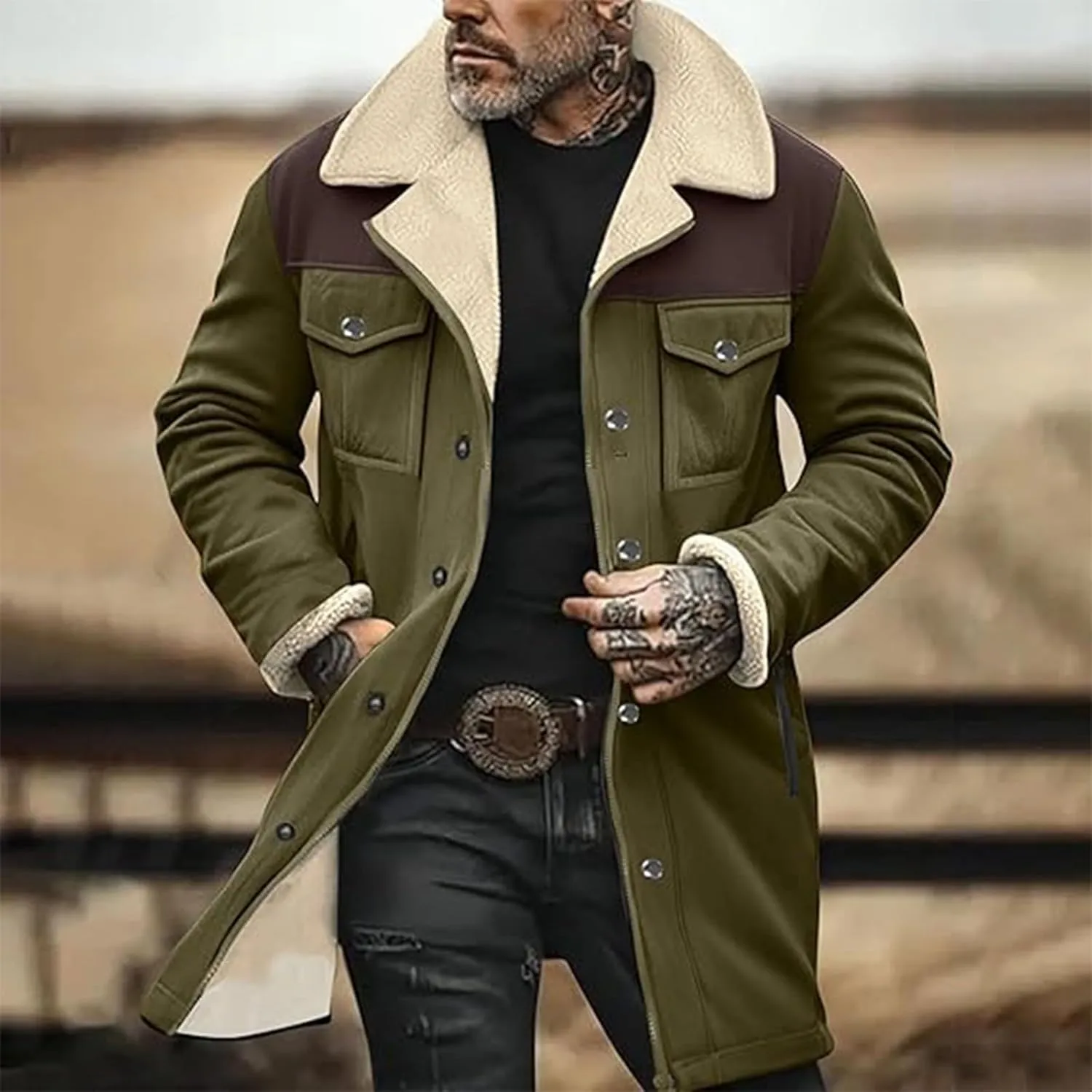 Mens Western Cowboy Vintage Suede Jacket Plush Collar Coats Faux Leather Winter Long Jackets Men Zip Up Casual Retro Tops