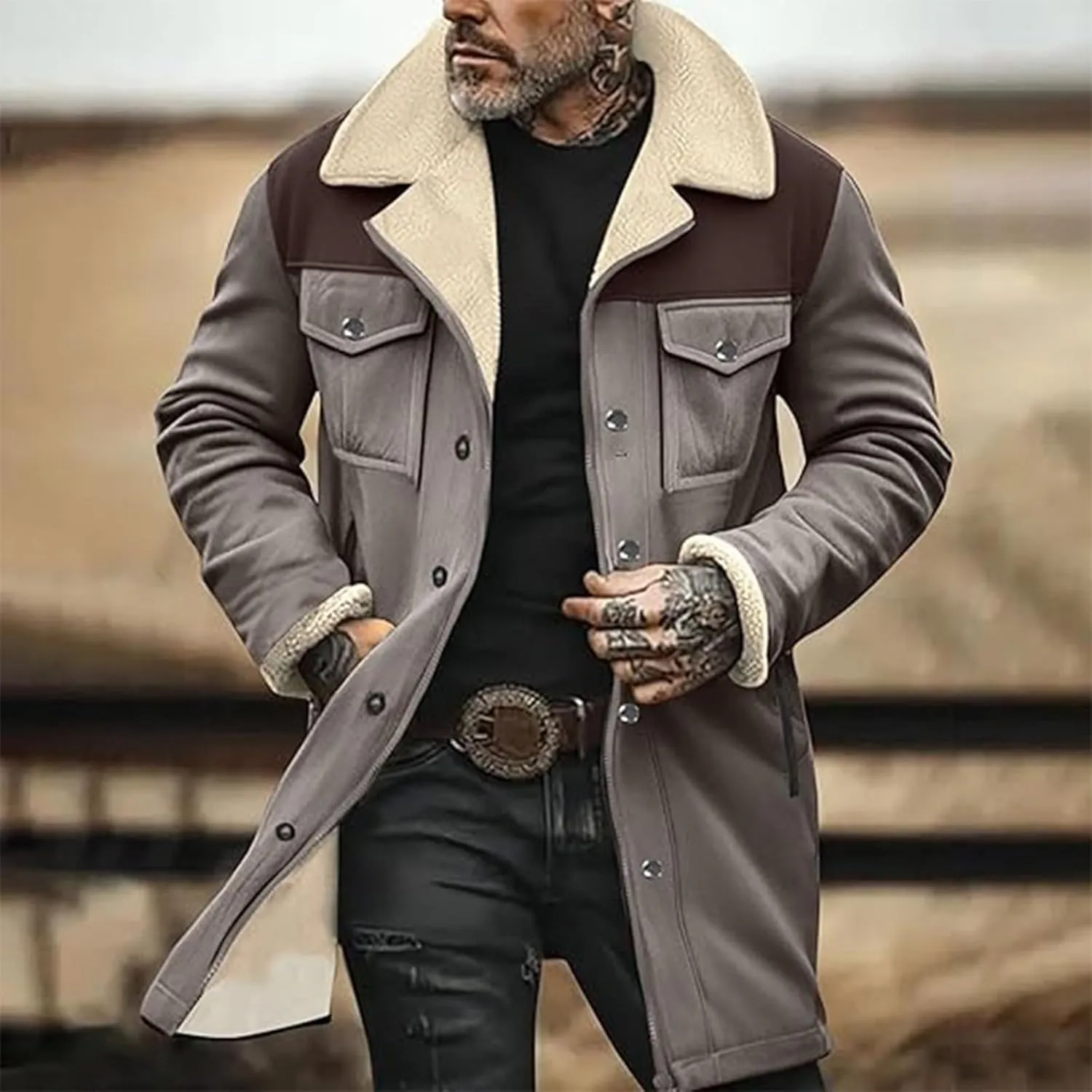 Mens Western Cowboy Vintage Suede Jacket Plush Collar Coats Faux Leather Winter Long Jackets Men Zip Up Casual Retro Tops
