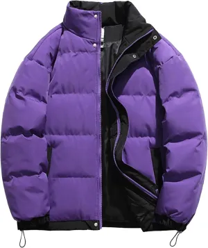 Men's Winter Bread Puffer Jacket Long Sleeve Stand Collar Bubble Coat Casual Cotton Padded Down Coat