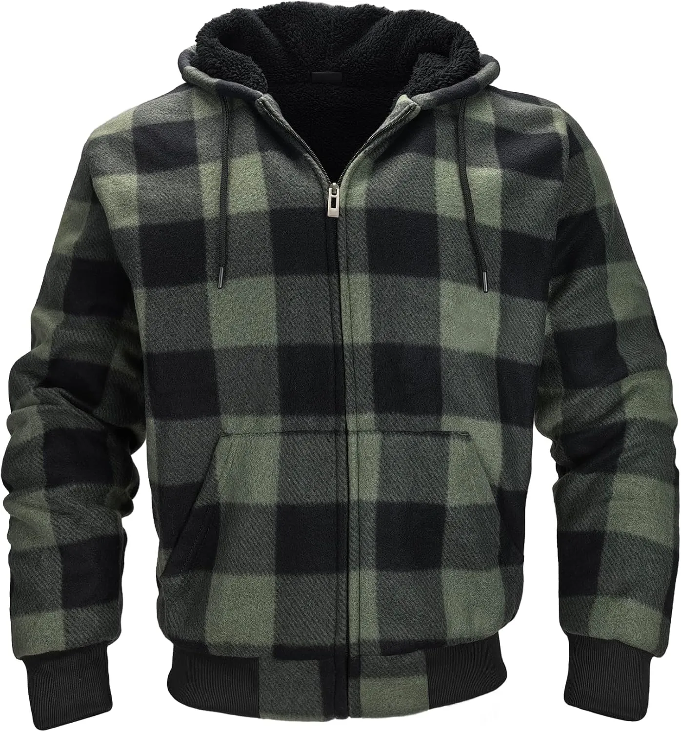 Men's Zip Up Fashion Hoodies Fleece Sherpa Lined Winter Warm Sweatshirt Plaid Flannel Hooded