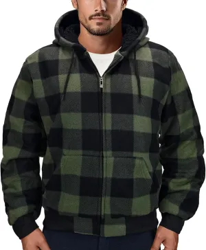 Men's Zip Up Fashion Hoodies Fleece Sherpa Lined Winter Warm Sweatshirt Plaid Flannel Hooded