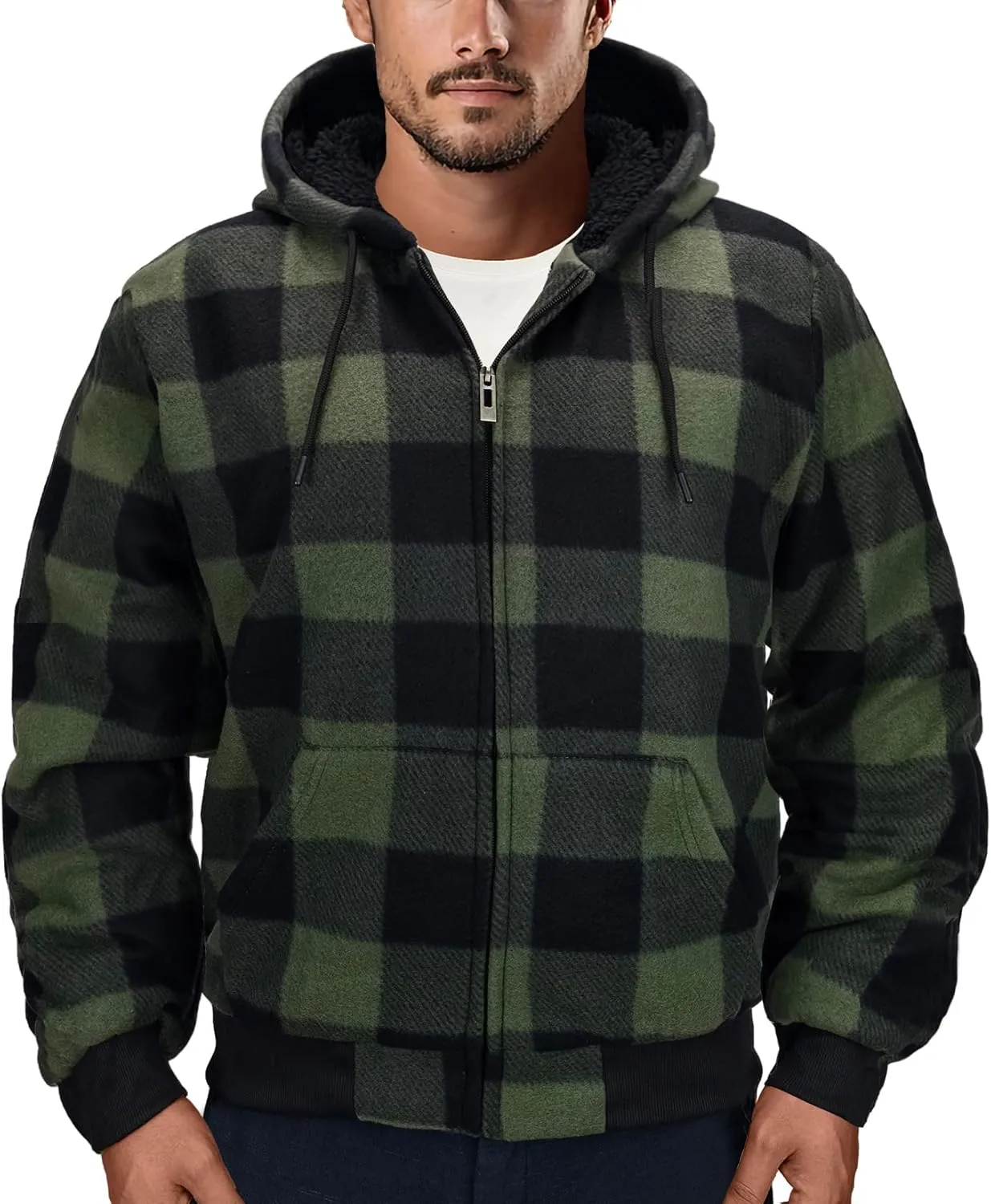 Men's Zip Up Fashion Hoodies Fleece Sherpa Lined Winter Warm Sweatshirt Plaid Flannel Hooded