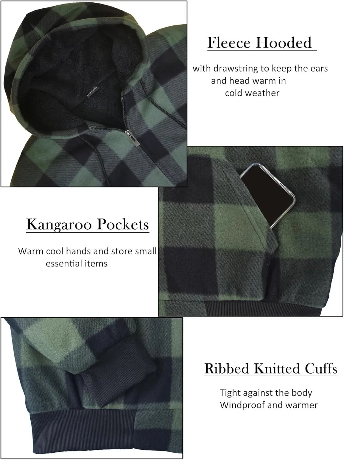 Men's Zip Up Fashion Hoodies Fleece Sherpa Lined Winter Warm Sweatshirt Plaid Flannel Hooded