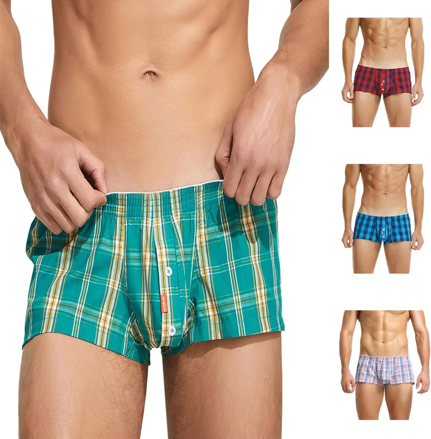 Men'Underwear BoxerMen'Plaid Print Boxer ShortLow Rise Breathable Comfortable Boxer BriefCasual Loose Loungewear Pajama Underwear Placed A07-Red Medium