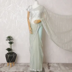 Mint Mist Premium Silk Organza Saree with Embroidery and Stone Work - 110cm x 5.5m-D18791