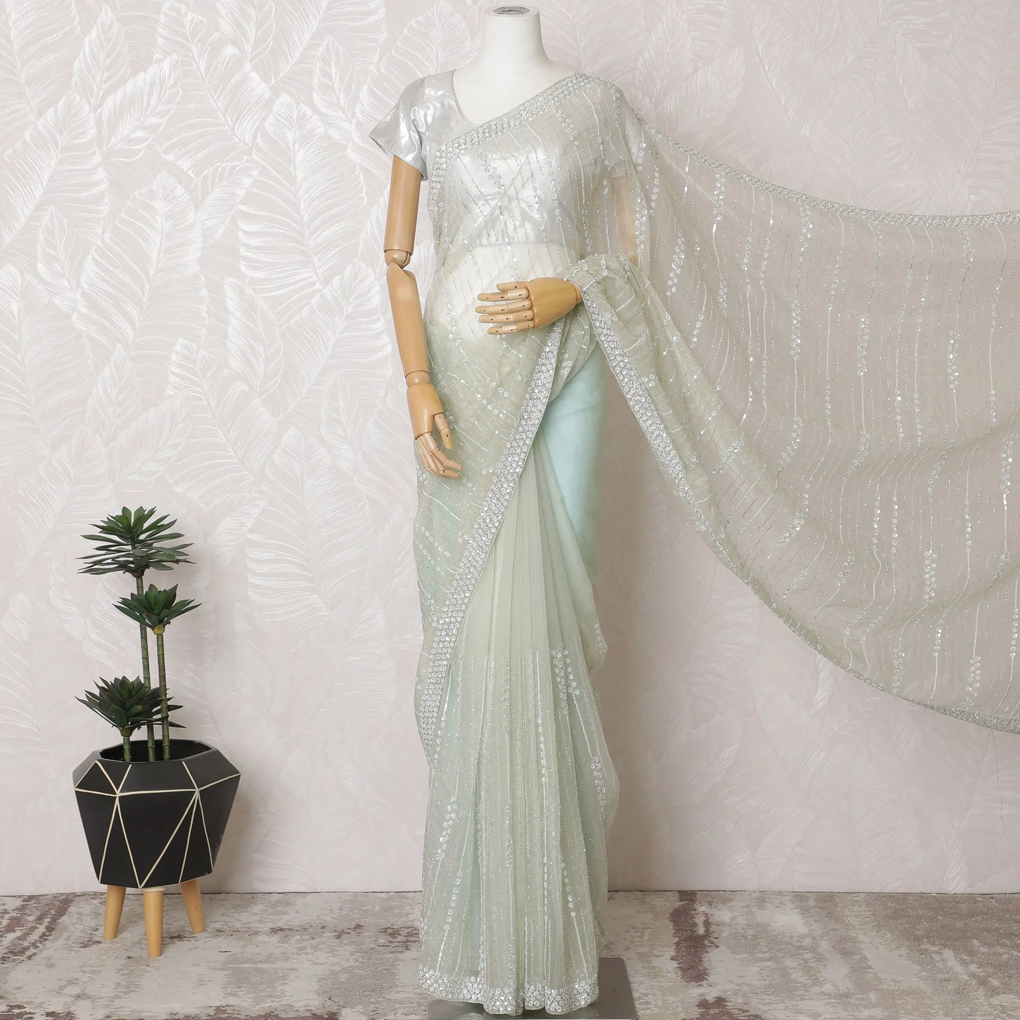Mint Mist Premium Silk Organza Saree with Embroidery and Stone Work - 110cm x 5.5m-D18791