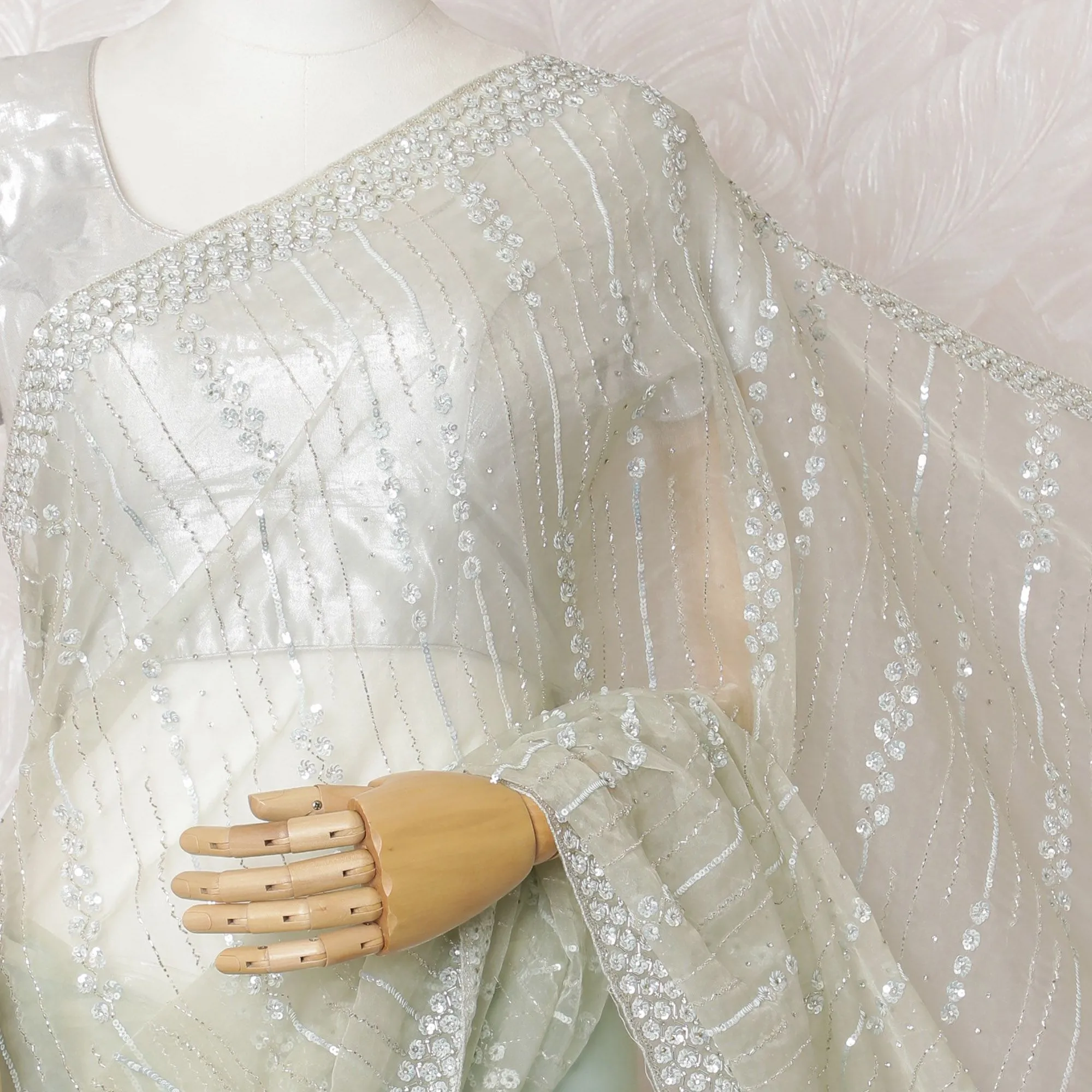 Mint Mist Premium Silk Organza Saree with Embroidery and Stone Work - 110cm x 5.5m-D18791