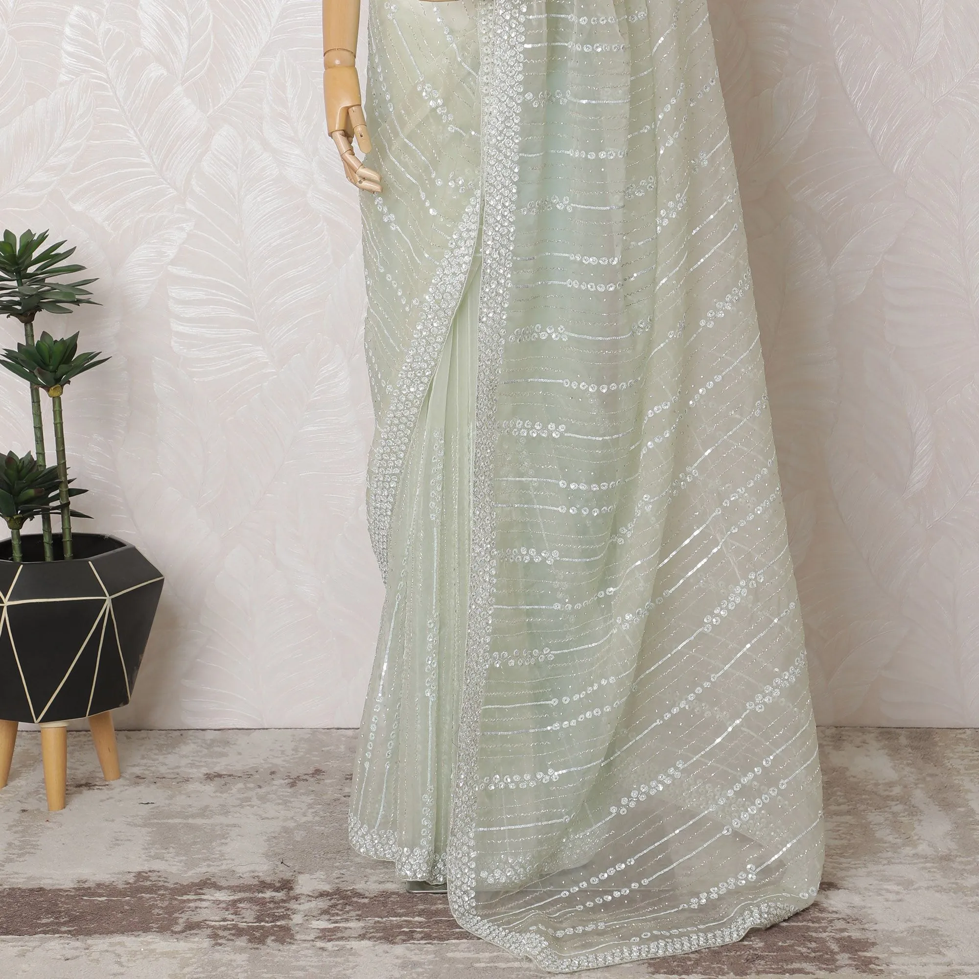 Mint Mist Premium Silk Organza Saree with Embroidery and Stone Work - 110cm x 5.5m-D18791