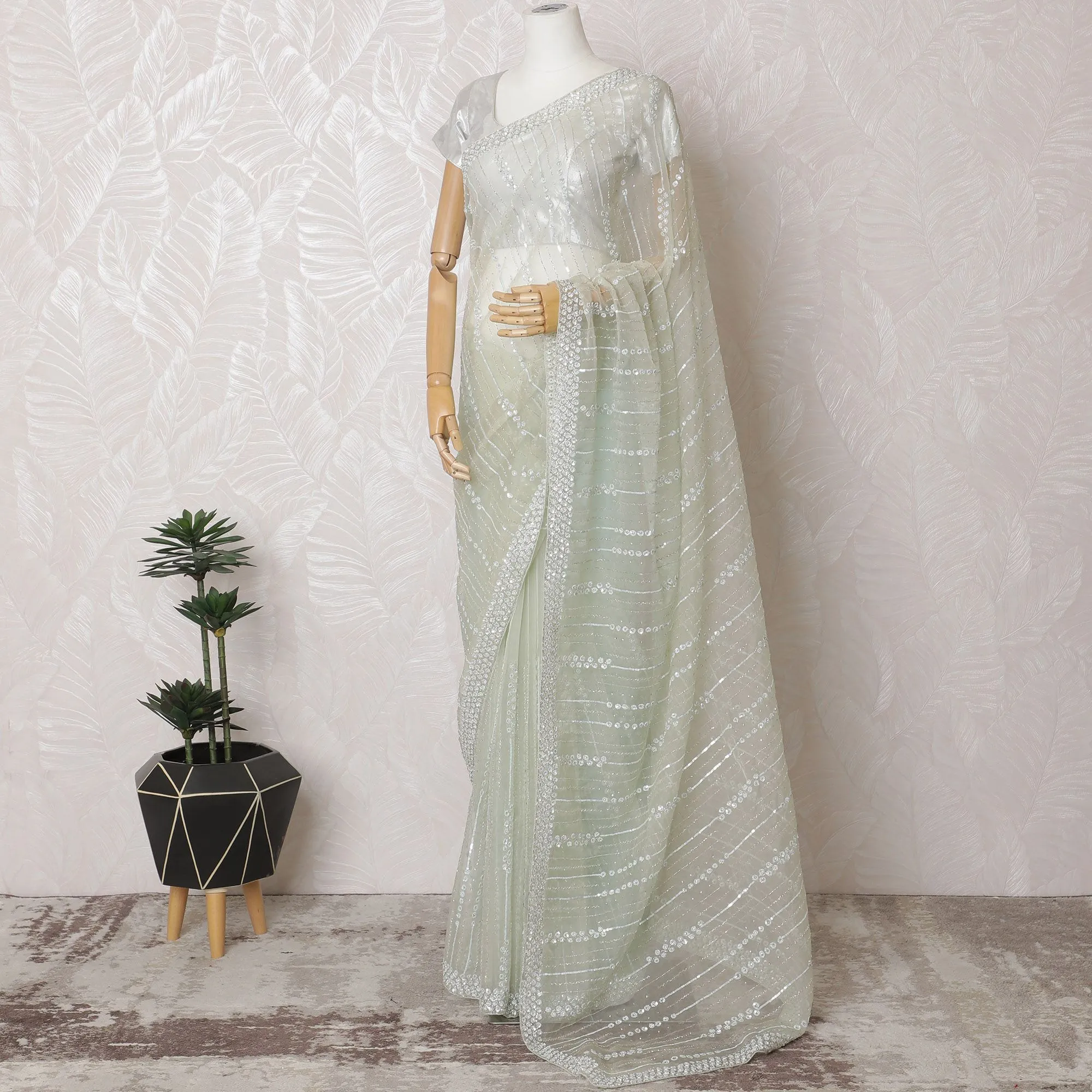 Mint Mist Premium Silk Organza Saree with Embroidery and Stone Work - 110cm x 5.5m-D18791