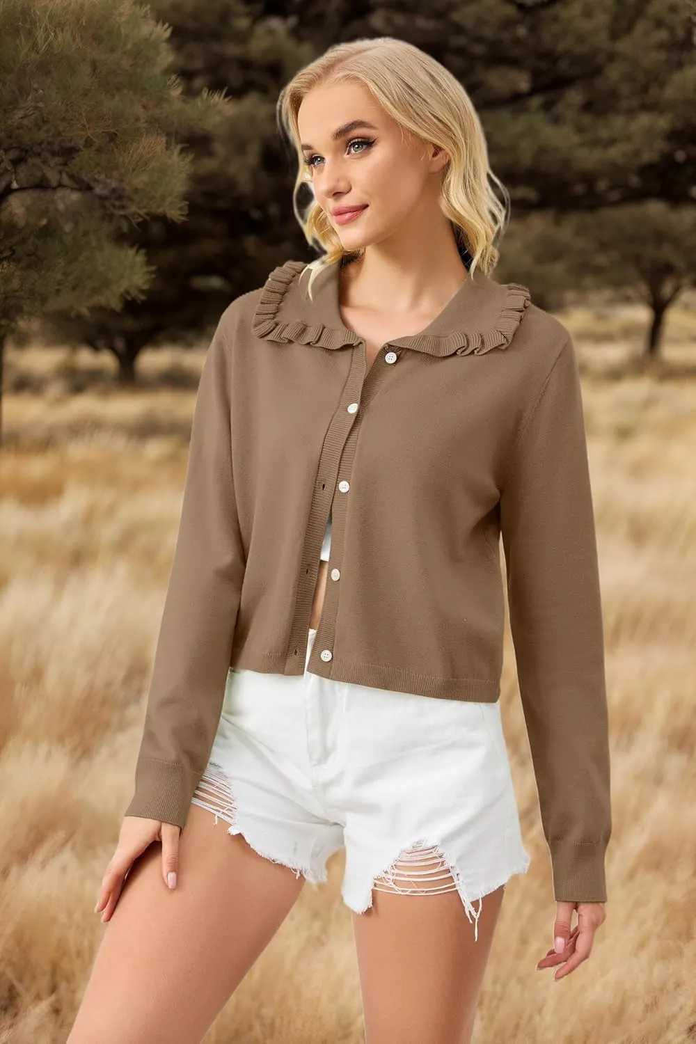 MISSACTIVER Women Ruffle Collar Cropped Cardigan Casual Lapel Button Down Sweaters Long Sleeve Open Front Knit Jacket