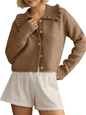 MISSACTIVER Women Ruffle Collar Cropped Cardigan Casual Lapel Button Down Sweaters Long Sleeve Open Front Knit Jacket