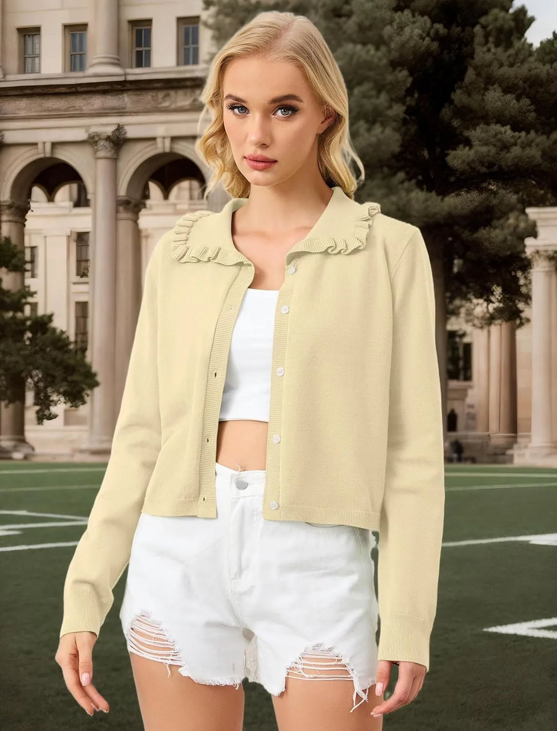 MISSACTIVER Women Ruffle Collar Cropped Cardigan Casual Lapel Button Down Sweaters Long Sleeve Open Front Knit Jacket
