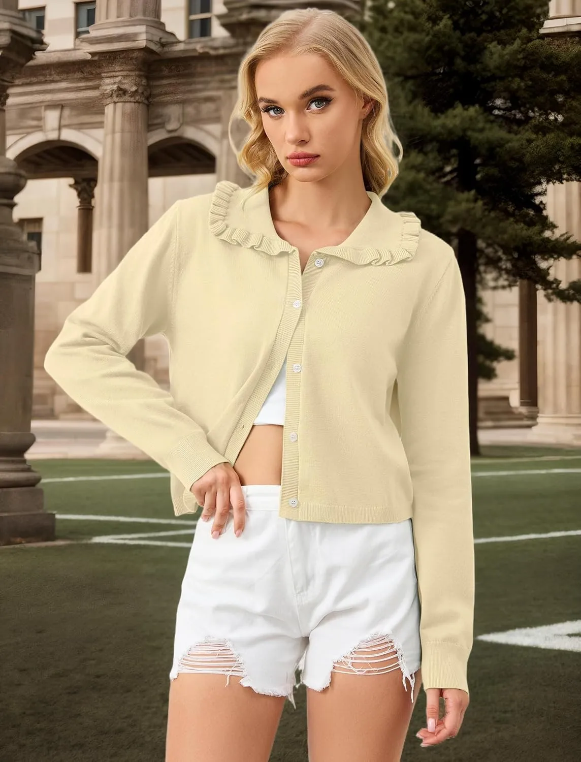 MISSACTIVER Women Ruffle Collar Cropped Cardigan Casual Lapel Button Down Sweaters Long Sleeve Open Front Knit Jacket